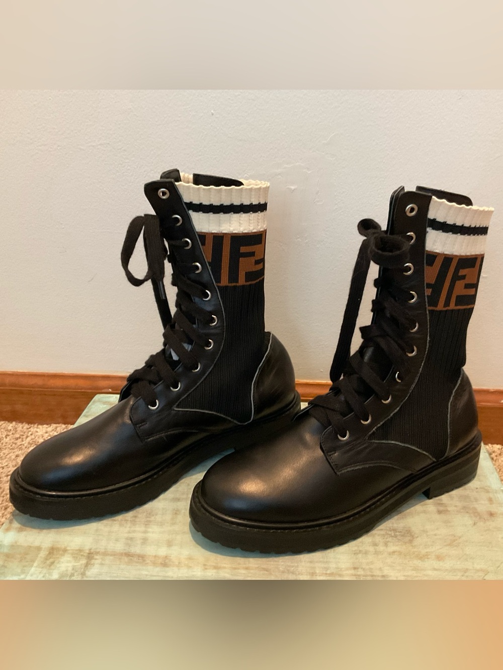 Fendi Black Leather Combat Boots with Monogram Knit Cuff - Picture 4 of 7